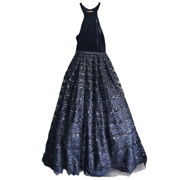 ELLIE WILDE MON CHERI EW118075 Black Goth Prom Velvet Halter Beaded Skirt Dress - Picture 1 of 8